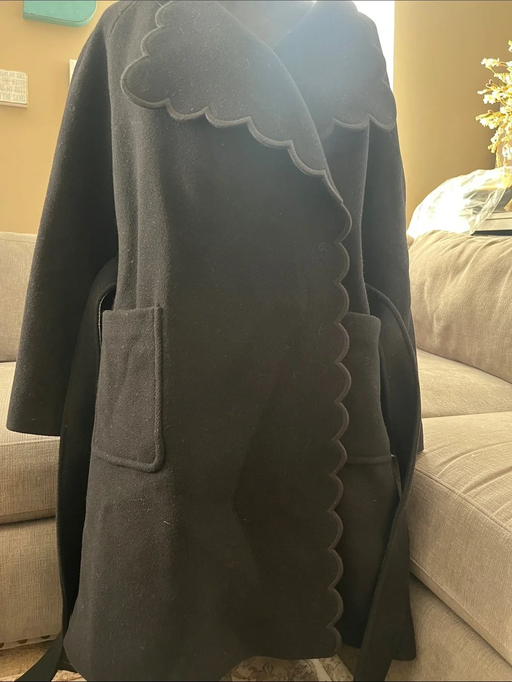 kate spade Out West Black Scallop-Edge Belted Wool Long Pea Coat Size M